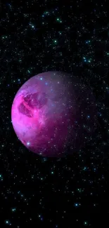 Purple planet in starry galaxy on phone wallpaper.