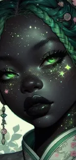 Mystical fantasy portrait with green galaxy highlights.