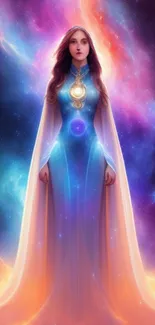 Mystical princess standing against a vibrant cosmic galaxy background.