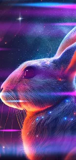 Mystical rabbit with glowing lights under a starry galaxy sky.