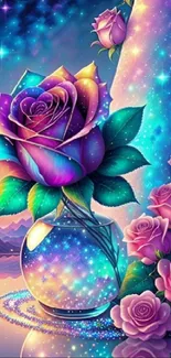 Vibrant cosmic rose with starry background.