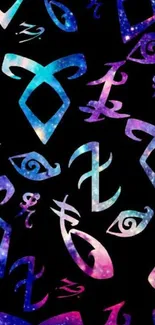 Vibrant galaxy-themed runes on black wallpaper with mystical designs.