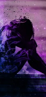 Silhouette against cosmic galaxy in purple hues with a mystical atmosphere.