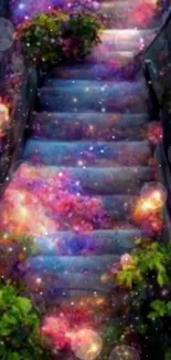 Mystical staircase adorned with cosmic colors and greenery as a mobile wallpaper.