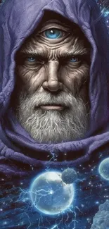 Mystical three-eyed wizard in a galaxy backdrop.