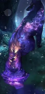 Mystical wolf with galaxy fur in a forest setting, featuring vibrant cosmic colors.