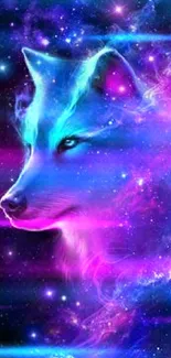 Mystical galaxy wolf with vibrant cosmic colors in dark purple tones.