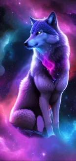 A mystical purple wolf in a colorful galaxy backdrop.