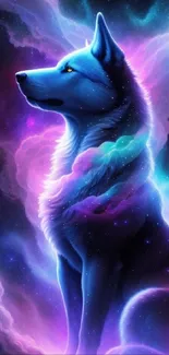 Mystical wolf in galaxy with vibrant blue and purple hues, celestial theme.