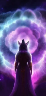 Mystical wolf silhouette against a cosmic nebula.