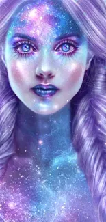 Mystical galaxy woman with purple hues in a vibrant digital artwork.