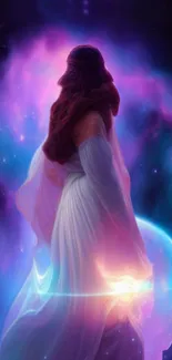 Mystical woman in cosmic galaxy with vibrant colors and stars.