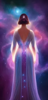 A mystical woman in a galaxy-themed dress in a cosmic setting, perfect for mobile.