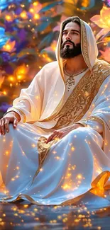 Person meditating in vibrant, colorful garden with golden glow.
