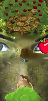 Mystical wallpaper with eyes, snake, apple, representing a forest theme.