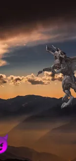 Gargoyle soaring over twilight mountains with dramatic sky.