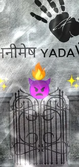 Mystical wallpaper with fiery cat face and ornate iron gate.