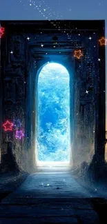 Mystical doorway opens to a vibrant blue realm.