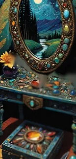 Mystical vanity with gemstones and mirror reflecting landscape.