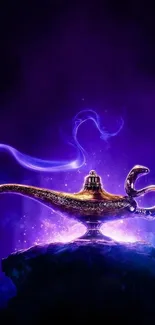 Golden genie lamp emits mystical purple smoke.