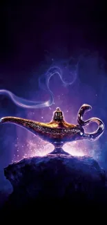 Mystical purple genie lamp with magical smoke on a dark background.