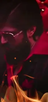 Mysterious gentleman in red with flames and cool shades.