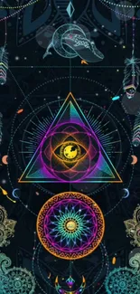 Mystical geometric art wallpaper with vibrant colors and sacred design.