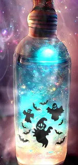 Glowing mystical bottle with ghostly figures illuminated in blue.