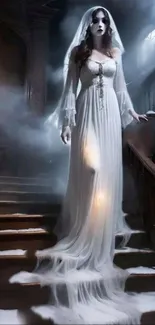 Mystical ghost bride in flowing dress on eerie staircase.