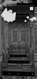 Ghostly figure over a wooden door in monochrome wallpaper.