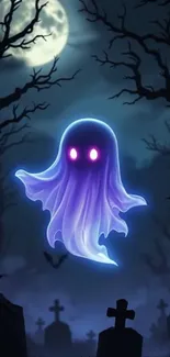 Ghost floating in a moonlit graveyard at night.