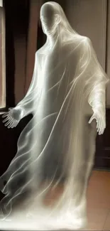 Ethereal ghostly figure in white, standing by a window in a dim room.