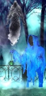 Ghostly figures in a misty blue forest creating a mystical atmosphere.