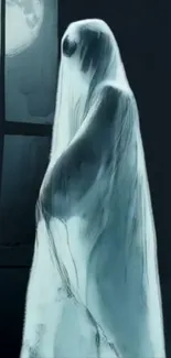 A ghostly silhouette stands under a full moon.