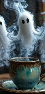 Ethereal ghosts rising above a rustic teacup.