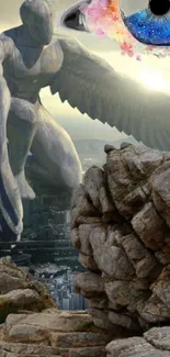 Epic wallpaper of a winged statue overlooking a rocky cityscape.