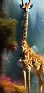 Mystical giraffe standing in a vibrant, fantasy forest setting with lush colors.