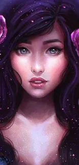 Enchanting fantasy girl with purple roses and butterflies in digital artwork.