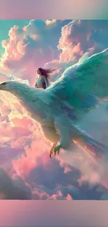 A girl rides an eagle through pastel pink clouds.