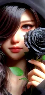 Mystical girl holding a black rose in digital art wallpaper.