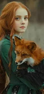 Girl with red hair holding a fox in nature.