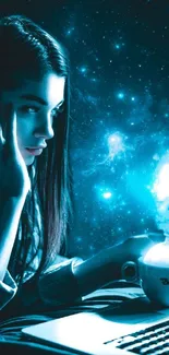 Mystical girl with glowing cup under a starry galaxy background.