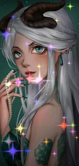 Fantasy girl with white hair and horns on dark teal background scene.