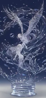 Ethereal glass angel submerged in water with mystical feathers.