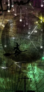 Mystical wallpaper with a witch silhouette flying over a cosmic globe and stars.