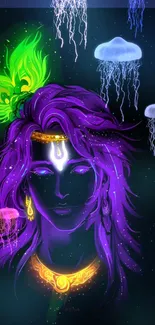 Colorful digital art of mystical figure surrounded by glowing jellyfish.