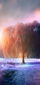 Mystical tree with glowing light in serene landscape.