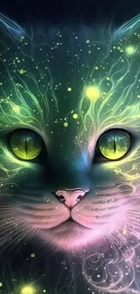 Mystical glowing cat with vibrant neon colors and magical design.