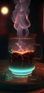 Mystical glowing coffee mug with vibrant steam art.