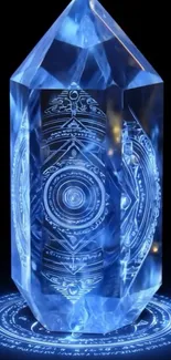 Mystical blue crystal with glowing symbols.